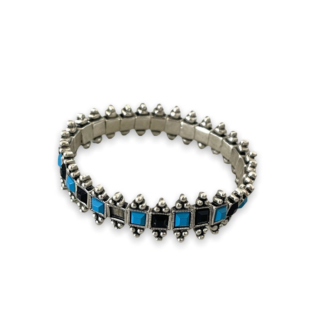 Vintage Black faux turquoise silver tone stretch bracelet